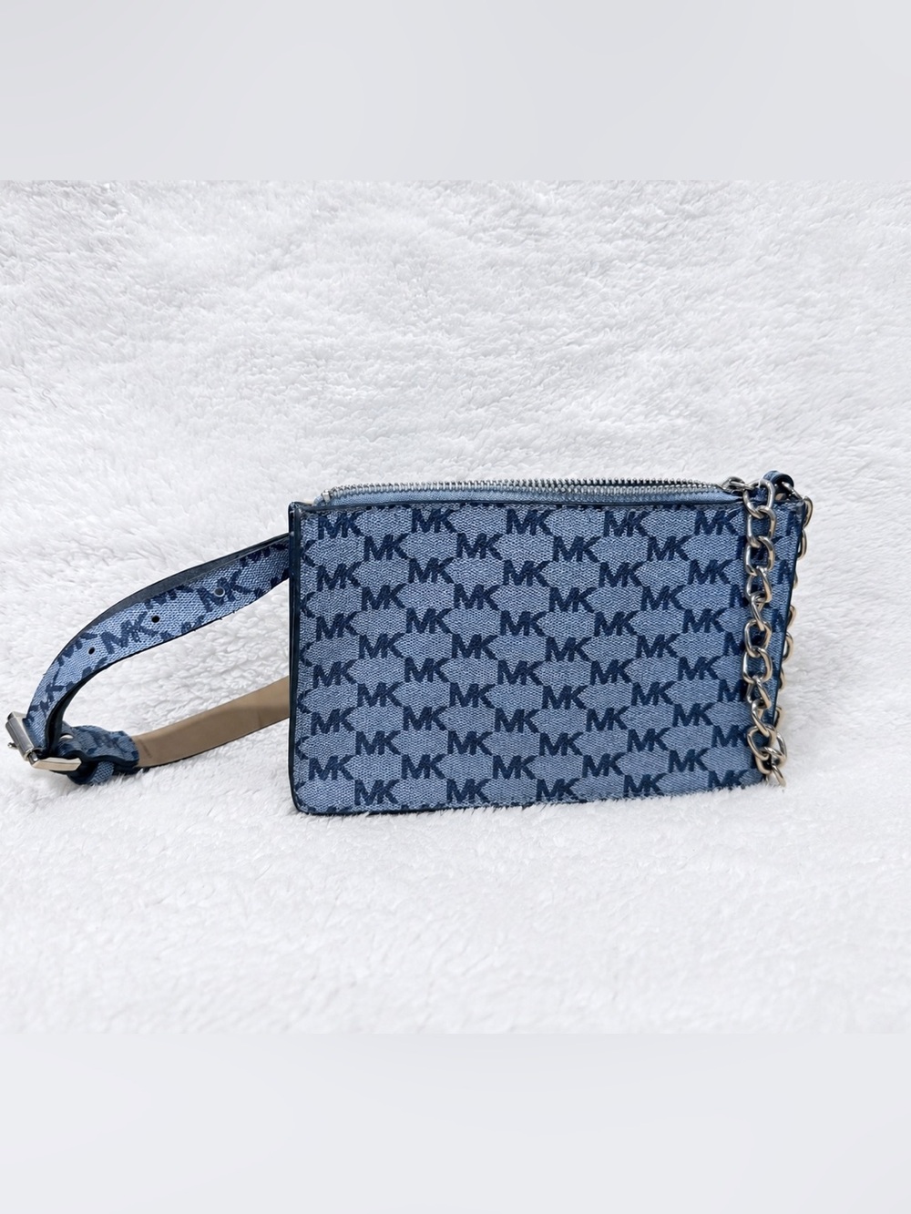 Michael Kors Blue MK Monogram Belt Bag / Waist Bag Crossbody Silver Chain